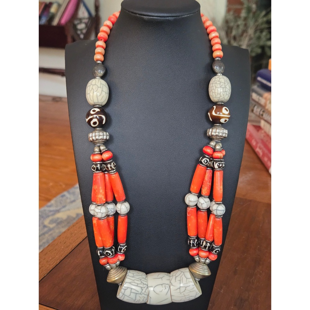 Artisan African Tribal Beads Style Necklace Faux Coral Vintage